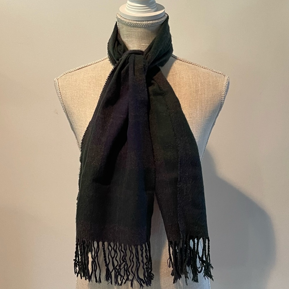 Dark Academia Green, Purple & Navy Blue Plaid Scarf Made in Italy w/ Fringe; OS
